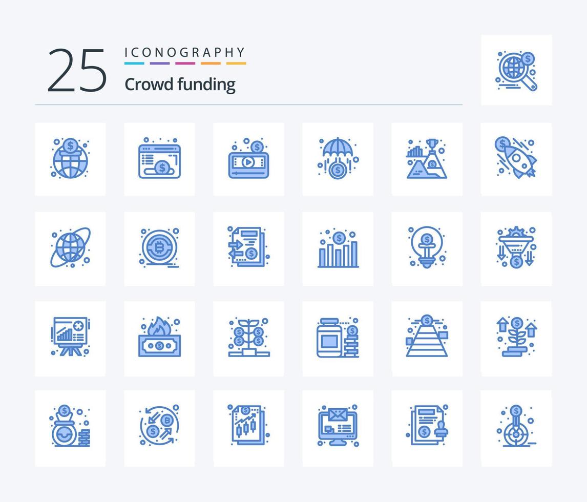 Crowdfunding 25 Blue Color icon pack including flag. invest. money. growth. video vector