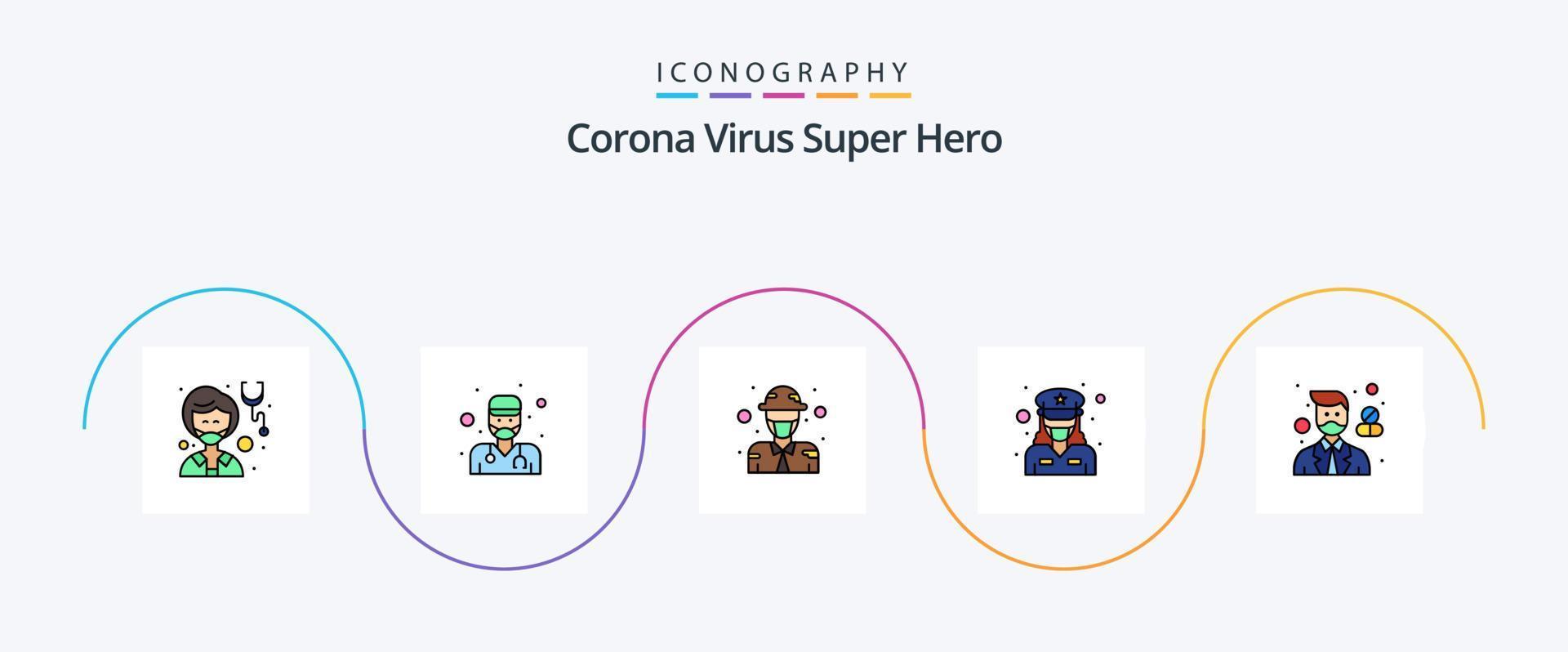 corona virus súper héroe línea lleno plano 5 5 icono paquete incluso avatar. tráfico policía. masculino. oficial. militar vector