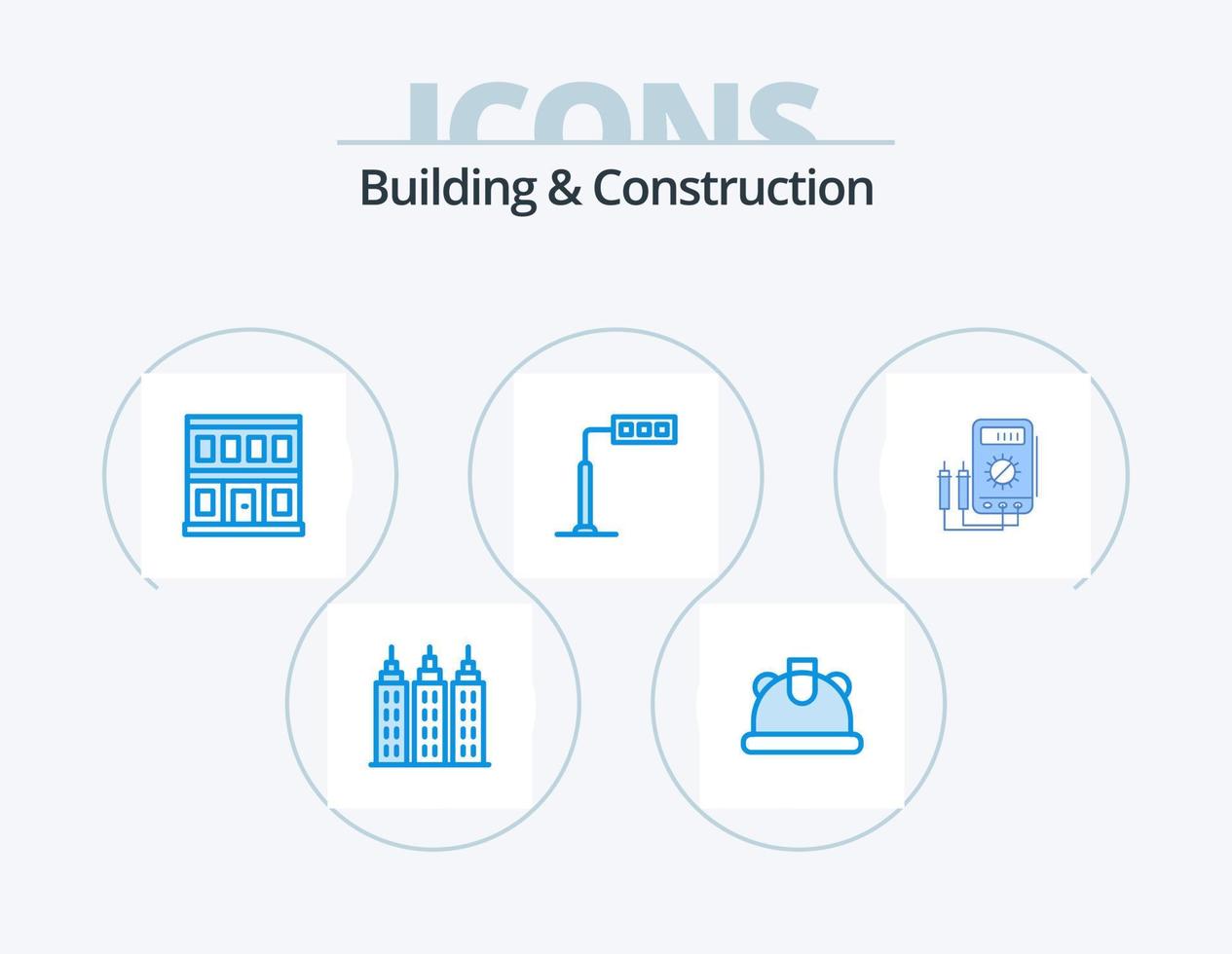 Building And Construction Blue Icon Pack 5 Icon Design. digital. amper. house. voltmeter. tower vector