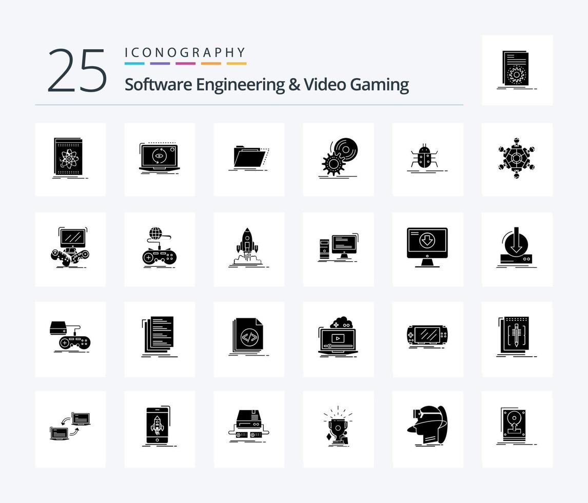 Software Engineering And Video Gaming 25 Solid Glyph icon pack including install. cd. software. folder. directory vector
