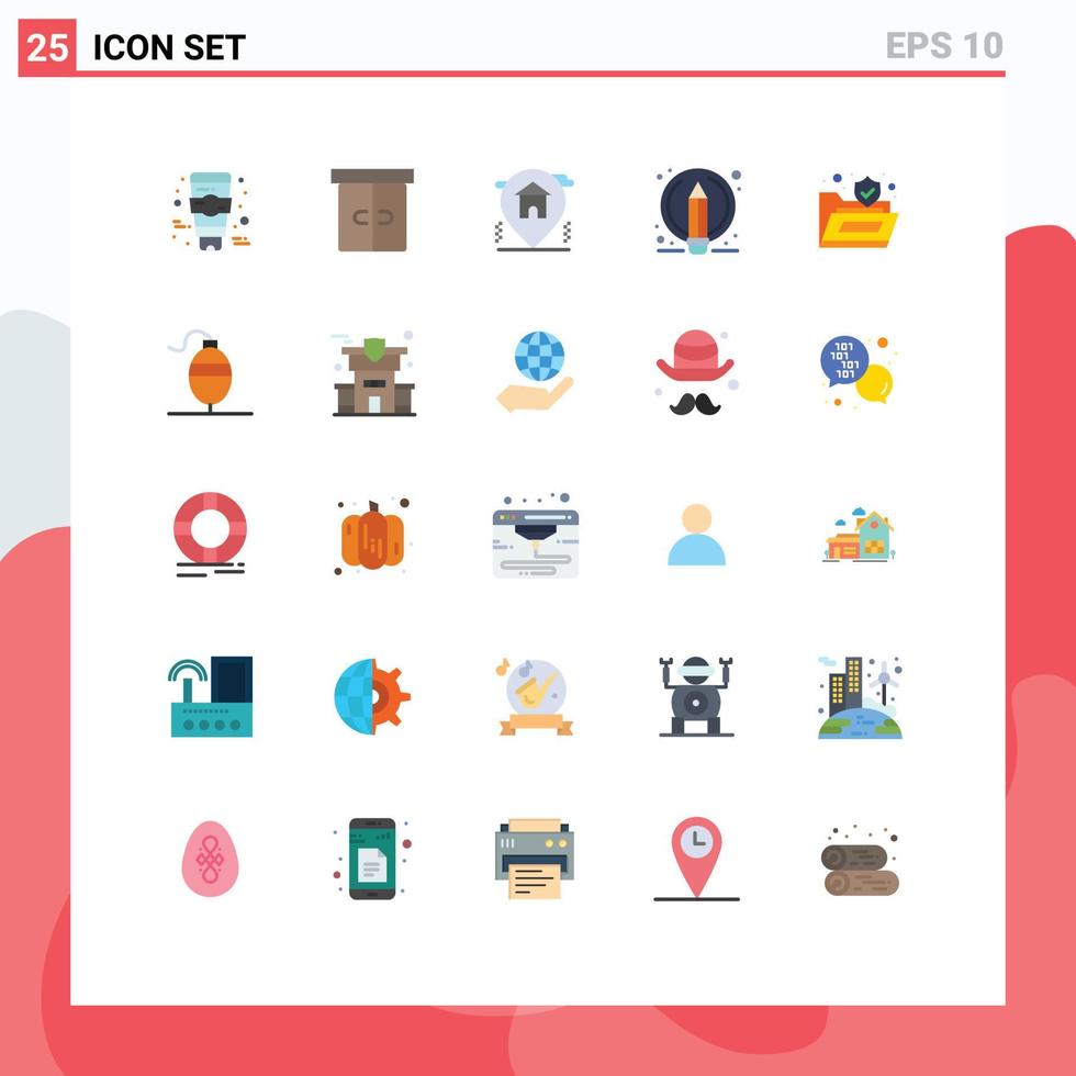 Mobile Interface Flat Color Set of 25 Pictograms of protect folder home pencil edit Editable Vector Design Elements