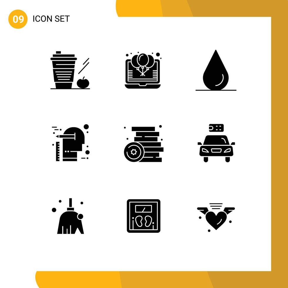 Group of 9 Modern Solid Glyphs Set for brick scale party thinking creative Editable Vector Design Elements