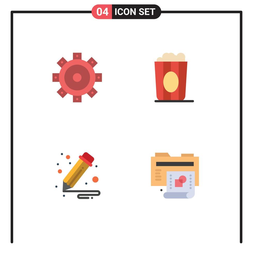 Set of 4 Commercial Flat Icons pack for construction pencil cinema popcorn process Editable Vector Design Elements