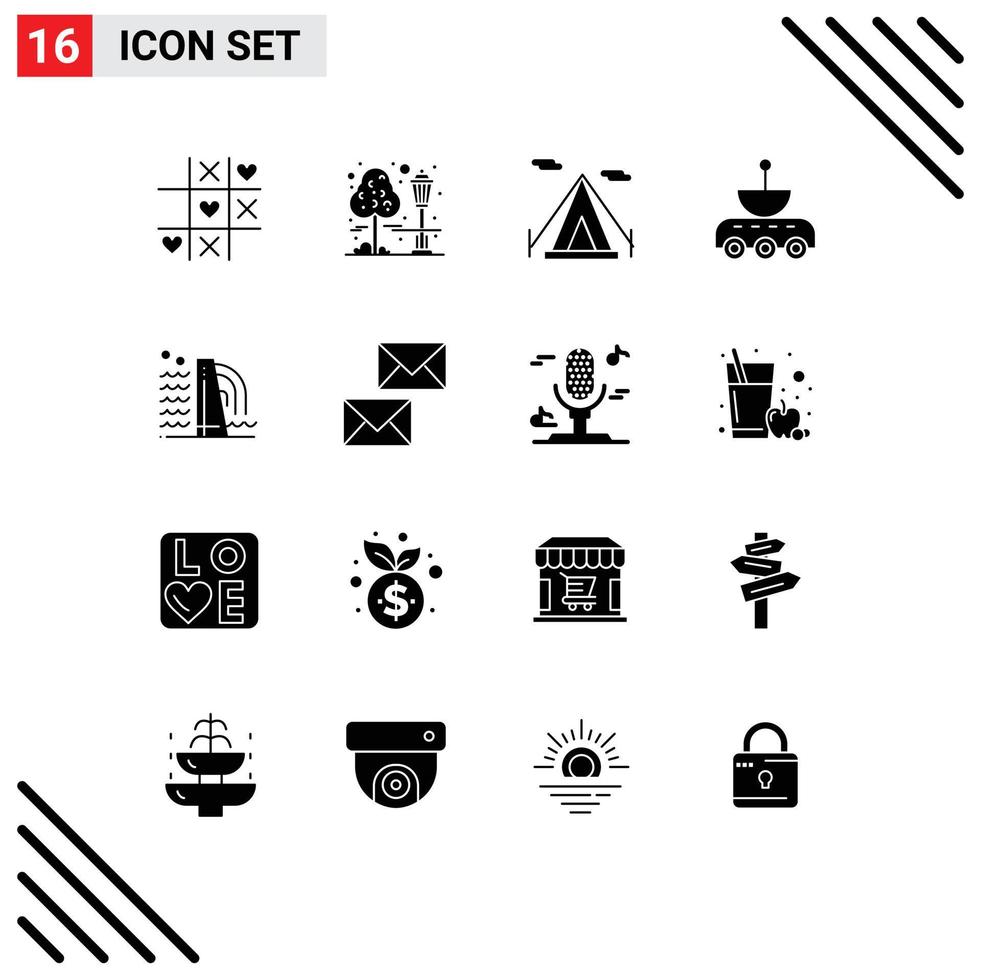 Pack of 16 creative Solid Glyphs of construction space beach tent signal satellite Editable Vector Design Elements