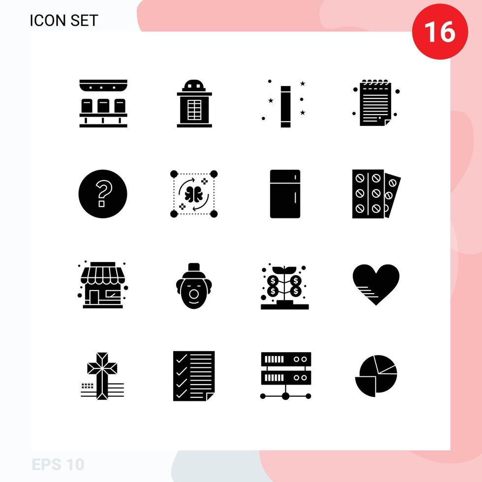 Pack of 16 Modern Solid Glyphs Signs and Symbols for Web Print Media such as mind help magic circle note Editable Vector Design Elements