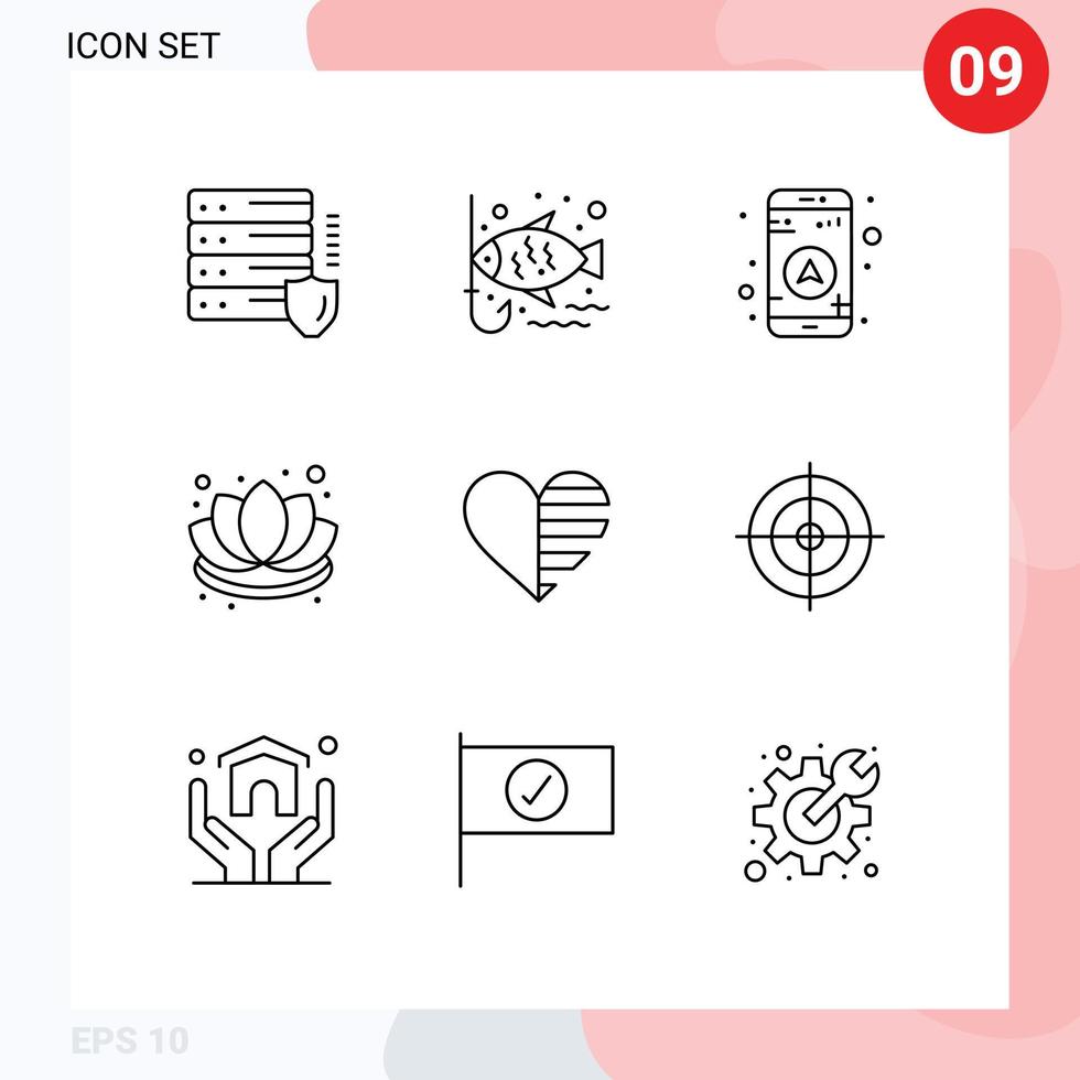 Mobile Interface Outline Set of 9 Pictograms of like heart gps lotus decorations Editable Vector Design Elements