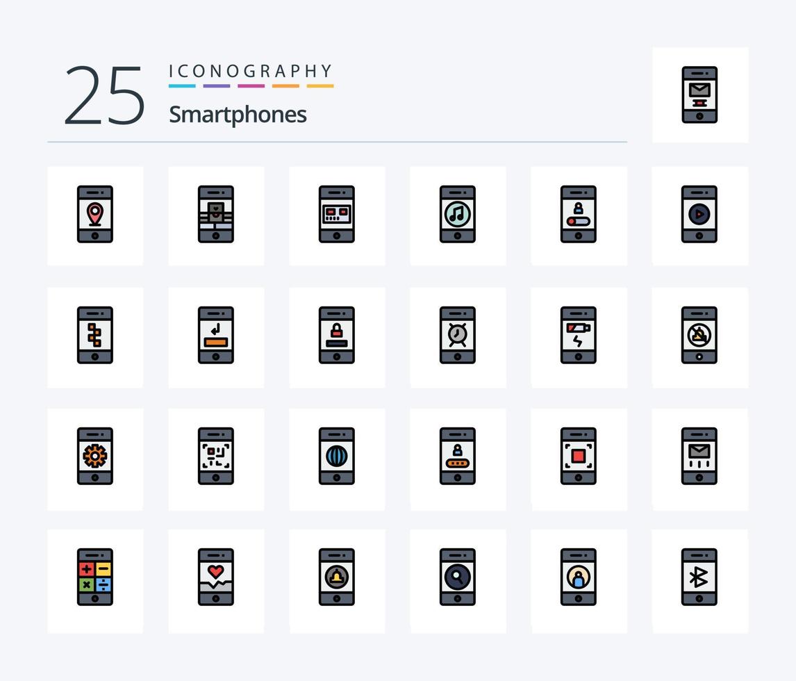 Smartphones 25 Line Filled icon pack including player. media. webcam. communications. payment vector