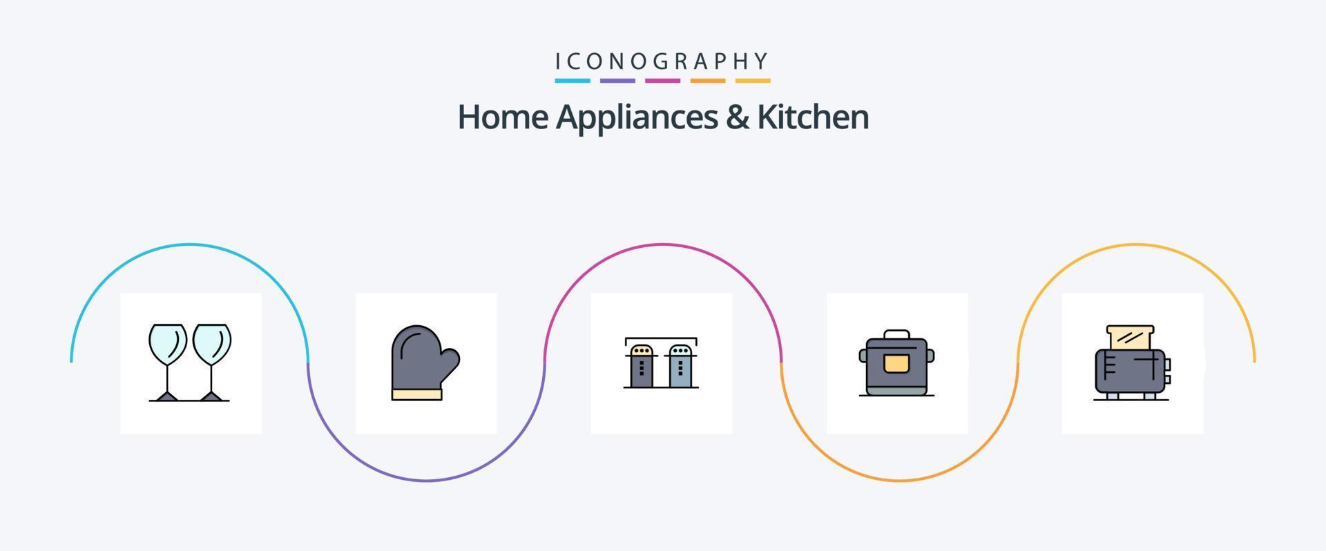 Home Appliances And Kitchen Line Filled Flat 5 Icon Pack Including electric. rice. oven. kitchen. spices vector