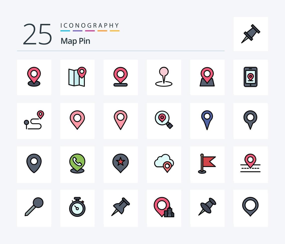 Map Pin 25 Line Filled icon pack including location. search. map. research. marker vector