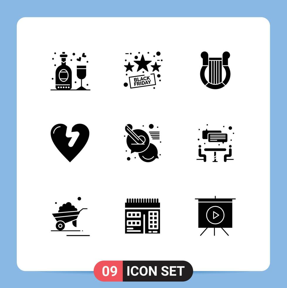 Set of 9 Commercial Solid Glyphs pack for chat love culture infarct nation Editable Vector Design Elements