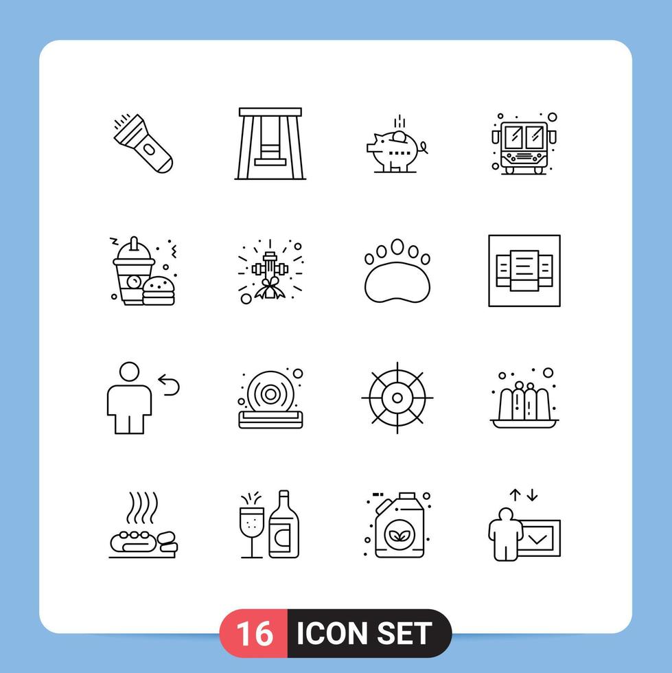 16 Universal Outlines Set for Web and Mobile Applications burger fast food economy public transport bus Editable Vector Design Elements