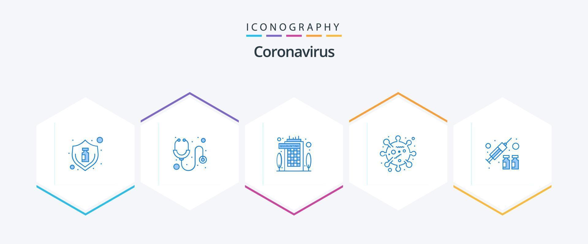 coronavirus 25 azul icono paquete incluso gripe. corona. estetoscopio. bicho. quedarse vector