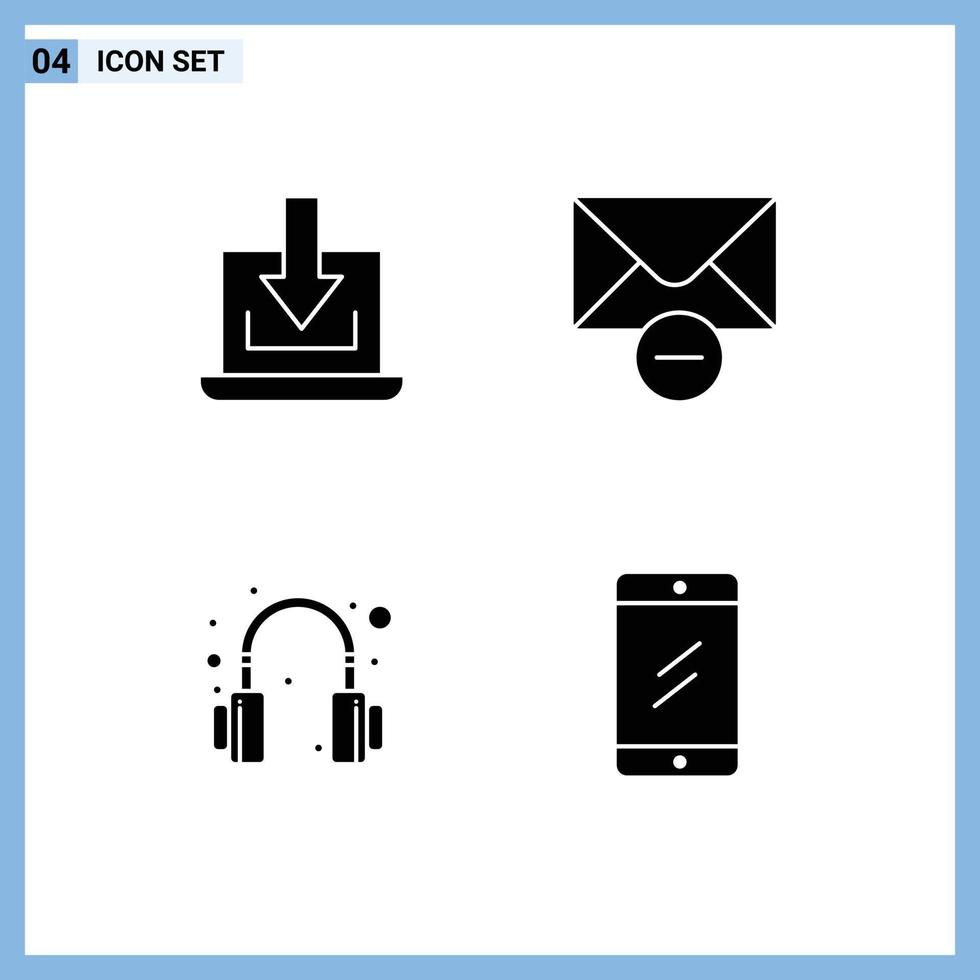 Pack of 4 creative Solid Glyphs of laptop headset download message chat Editable Vector Design Elements