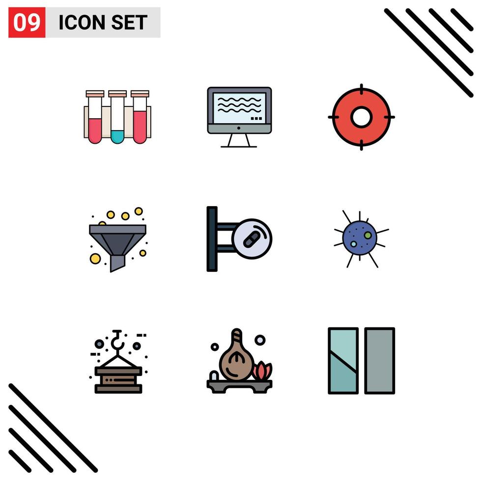 Editable Vector Line Pack of 9 Simple Filledline Flat Colors of board sort digital funnel target Editable Vector Design Elements