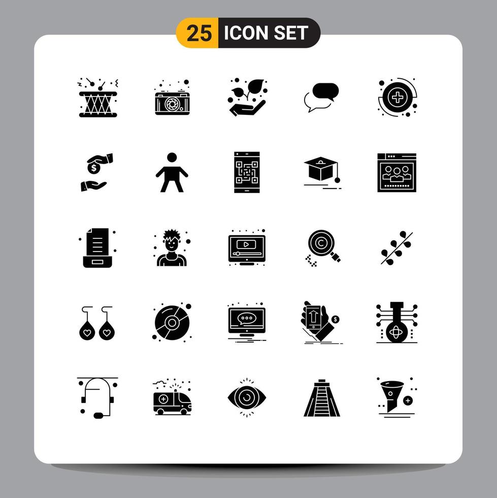 Modern Set of 25 Solid Glyphs and symbols such as medical mail picture sms chating Editable Vector Design Elements