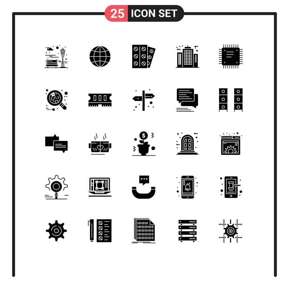 Mobile Interface Solid Glyph Set of 25 Pictograms of circuit board construction medicine company architecture Editable Vector Design Elements