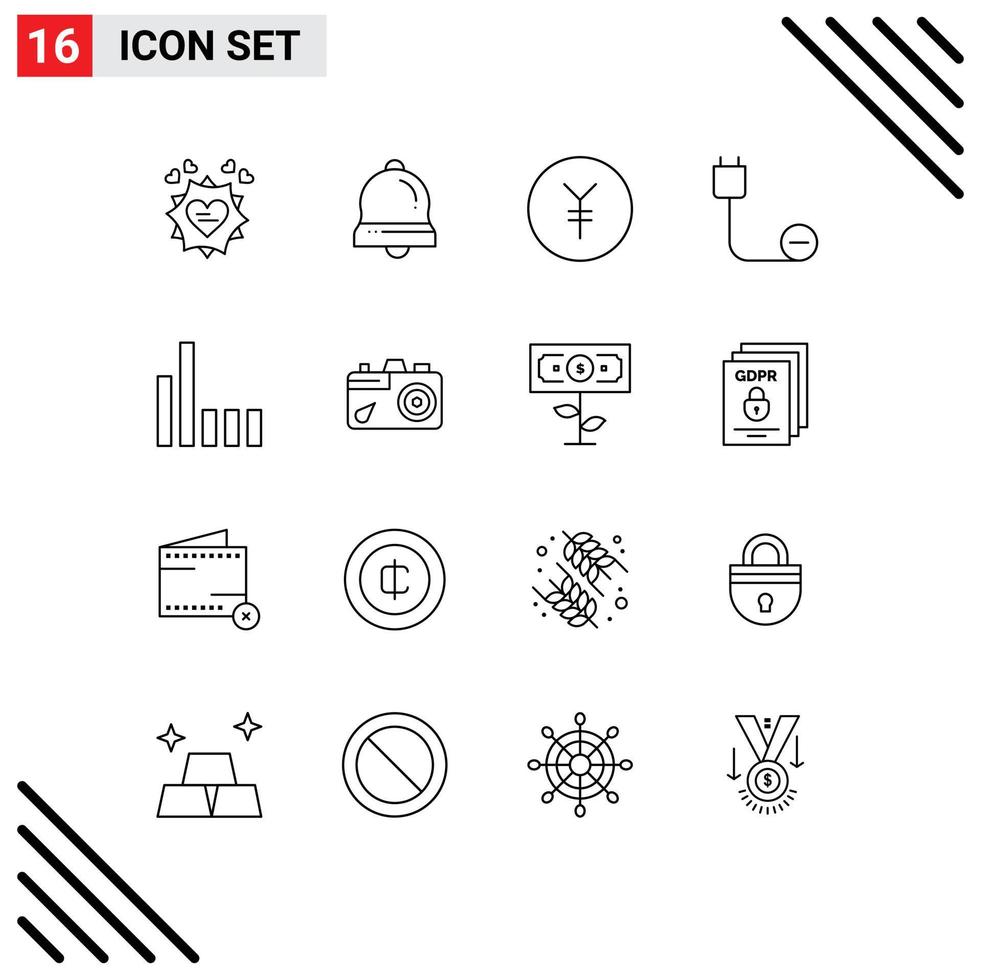 16 User Interface Outline Pack of modern Signs and Symbols of phone power coin hardware cord Editable Vector Design Elements