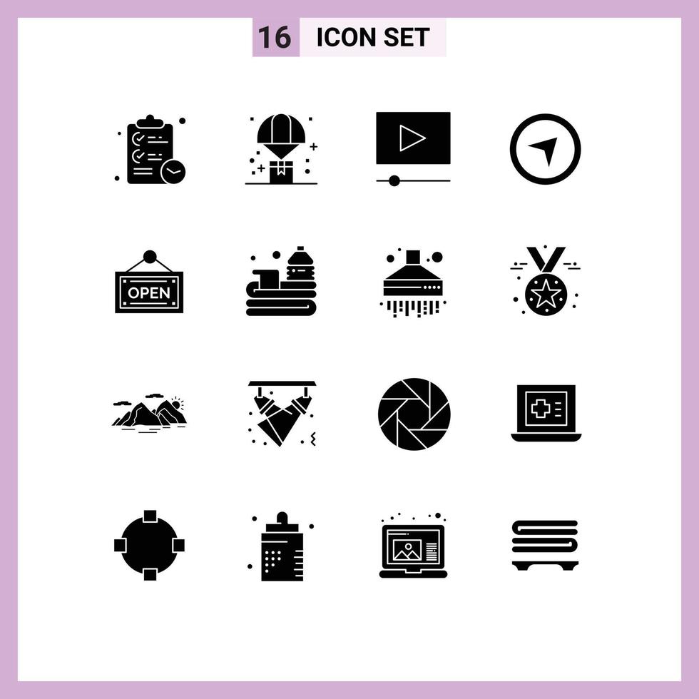 Modern Set of 16 Solid Glyphs Pictograph of board open shopping pointer direction Editable Vector Design Elements