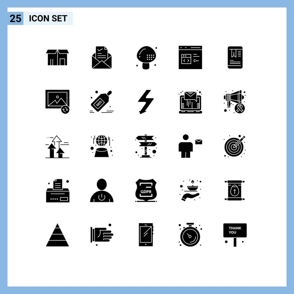 Universal Icon Symbols Group of 25 Modern Solid Glyphs of develop code good c meal Editable Vector Design Elements