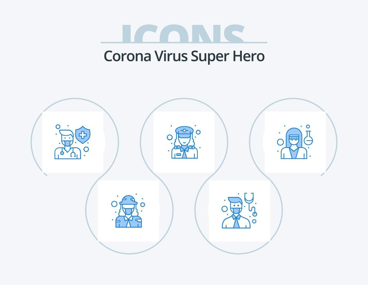 corona virus súper héroe azul icono paquete 5 5 icono diseño. doctor. oficial. proteccion. policía. proteger vector