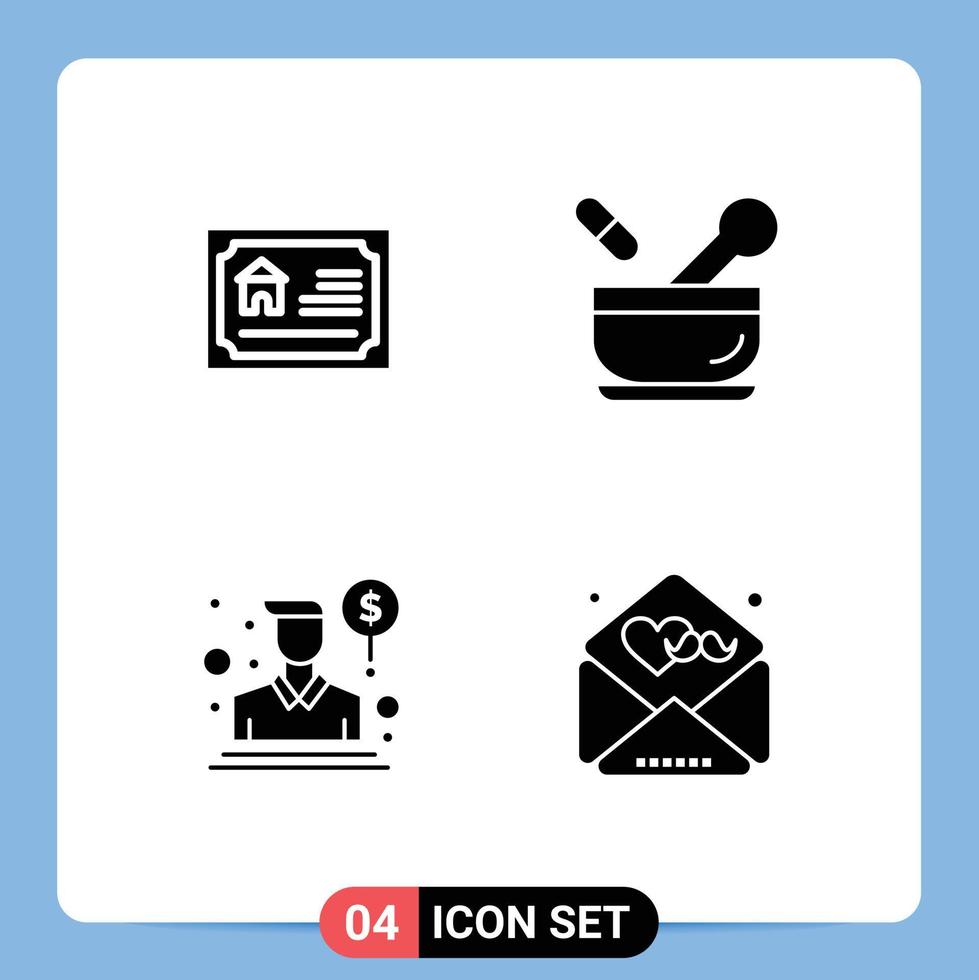 Pictogram Set of 4 Simple Solid Glyphs of card person estate medicine salesman Editable Vector Design Elements