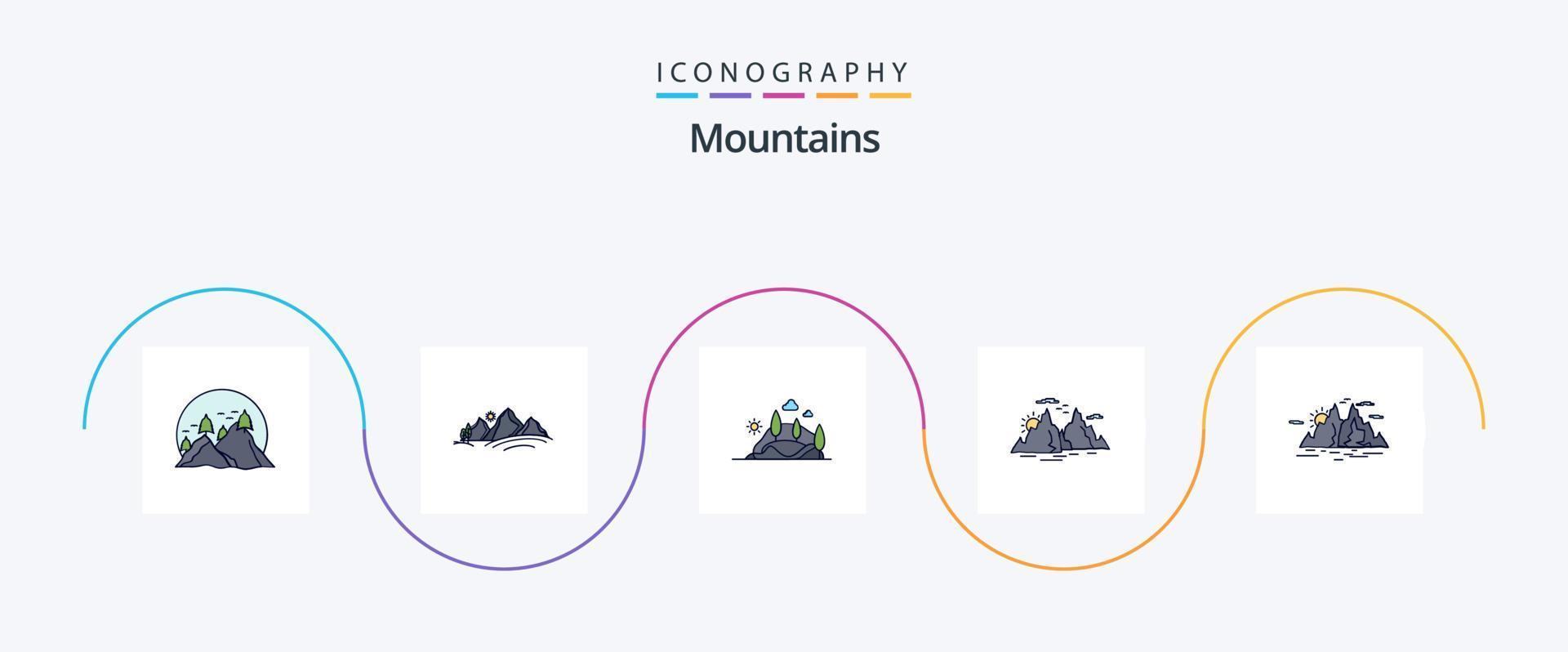 Mountains Line Filled Flat 5 Icon Pack Including hill. sun. nature. nature. hill vector