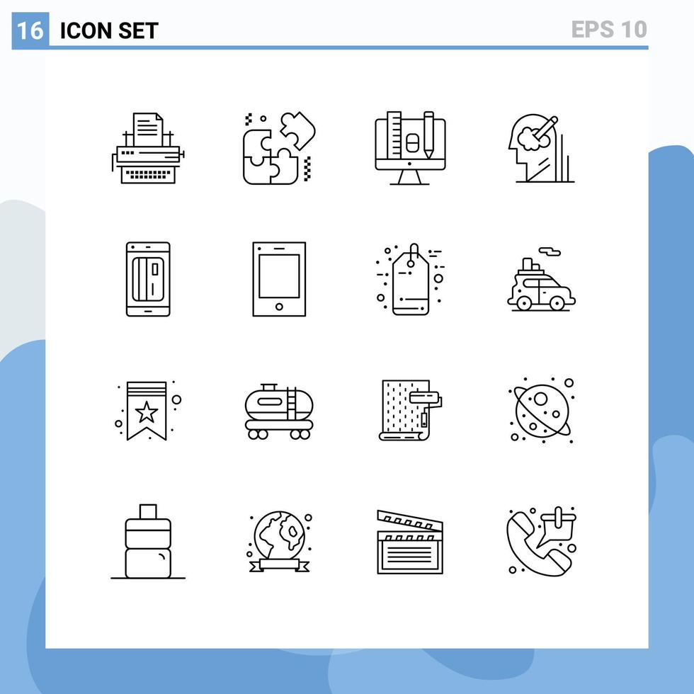 Outline Pack of 16 Universal Symbols of banking idea computer user mind Editable Vector Design Elements
