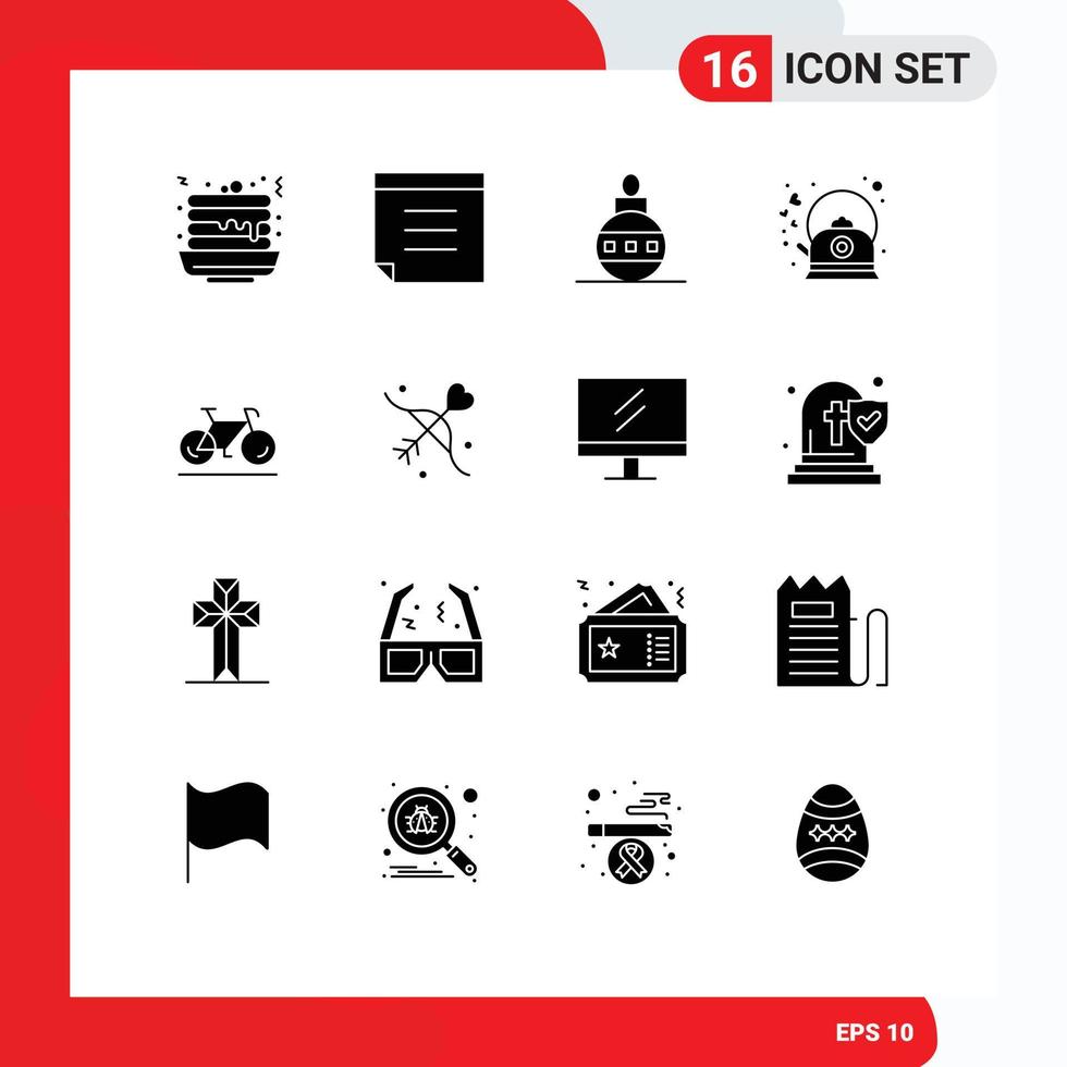 Pack of 16 creative Solid Glyphs of walk bicycle globe pot hot Editable Vector Design Elements