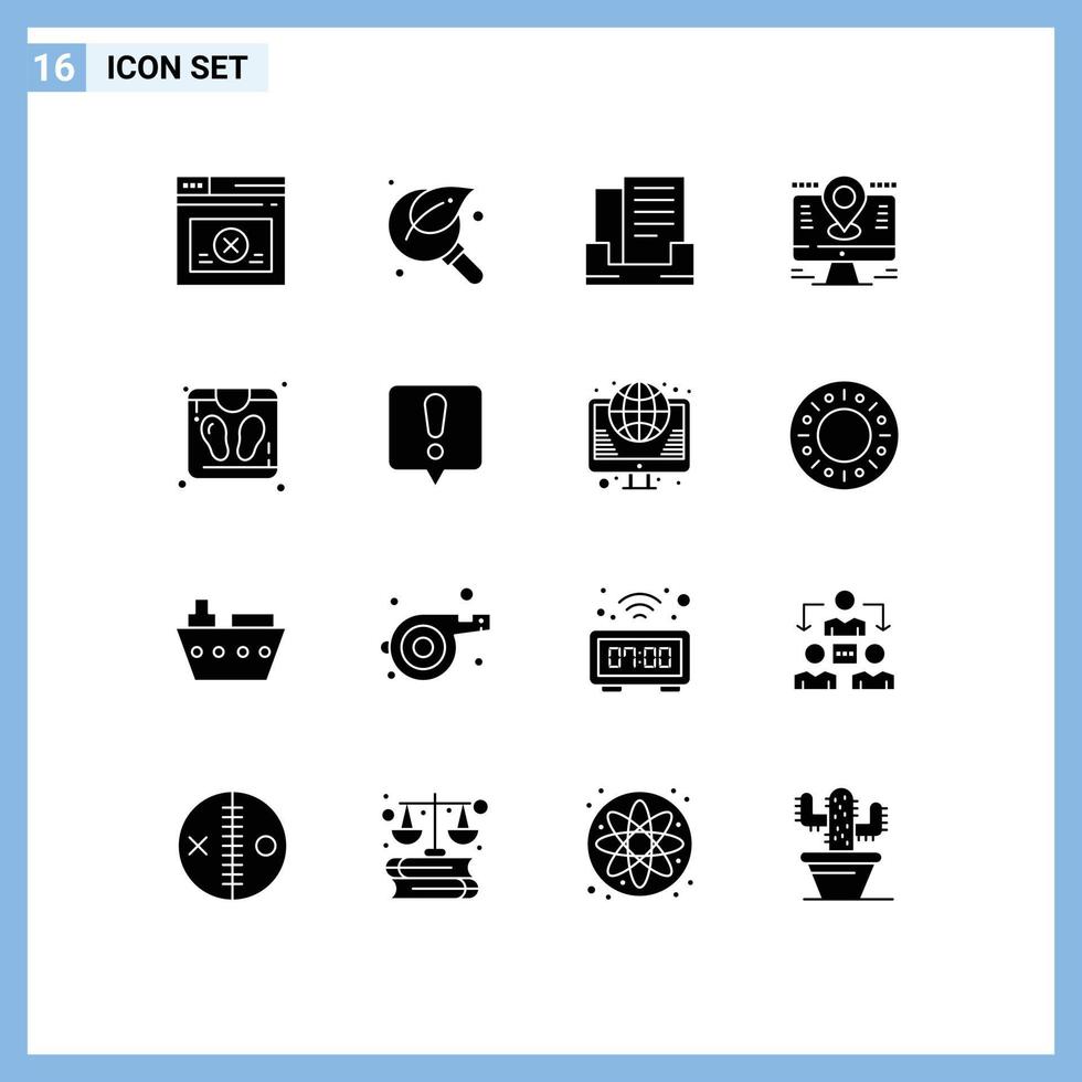 Group of 16 Solid Glyphs Signs and Symbols for bathroom scale lcd search location map Editable Vector Design Elements