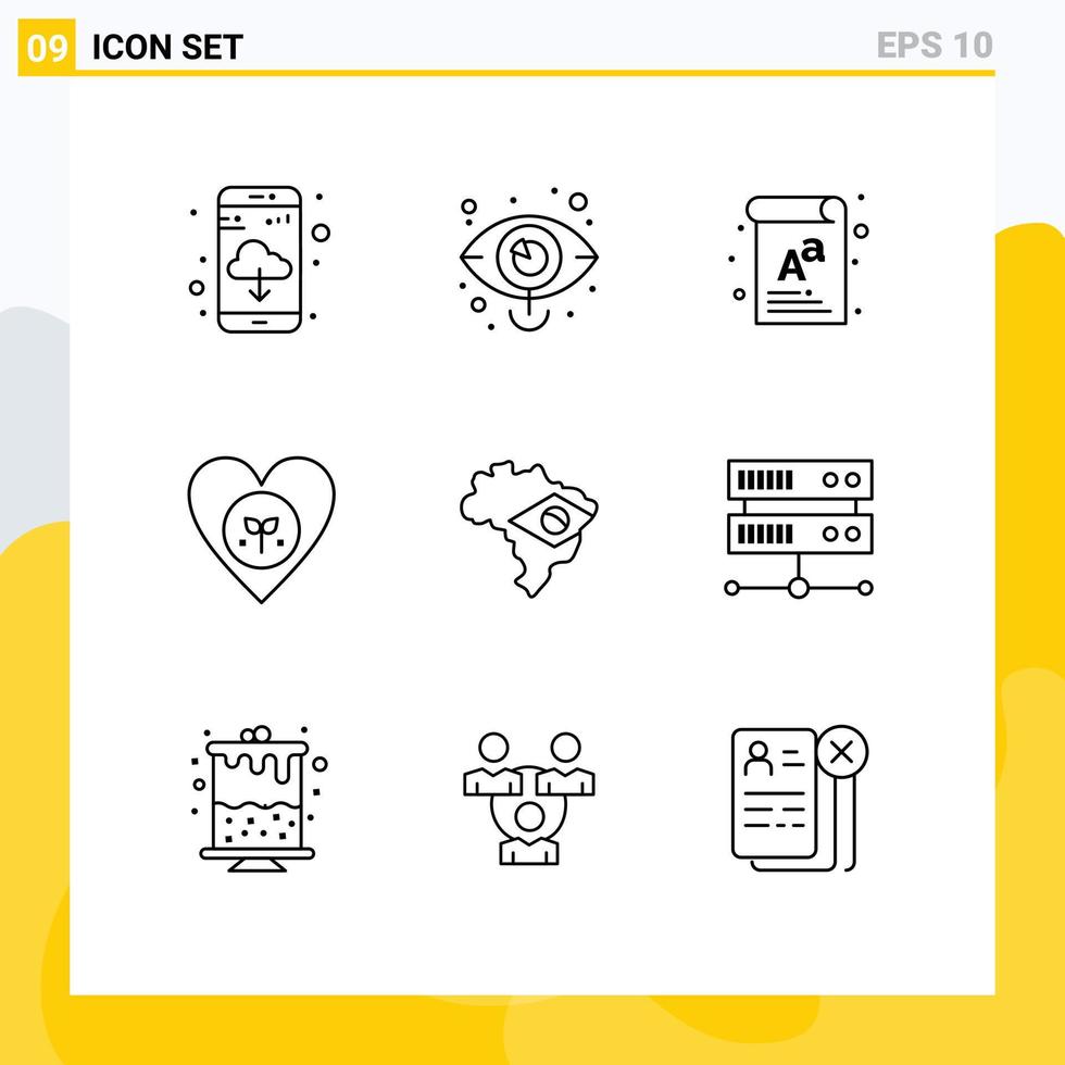 9 User Interface Outline Pack of modern Signs and Symbols of map heart letter favorite ecology Editable Vector Design Elements