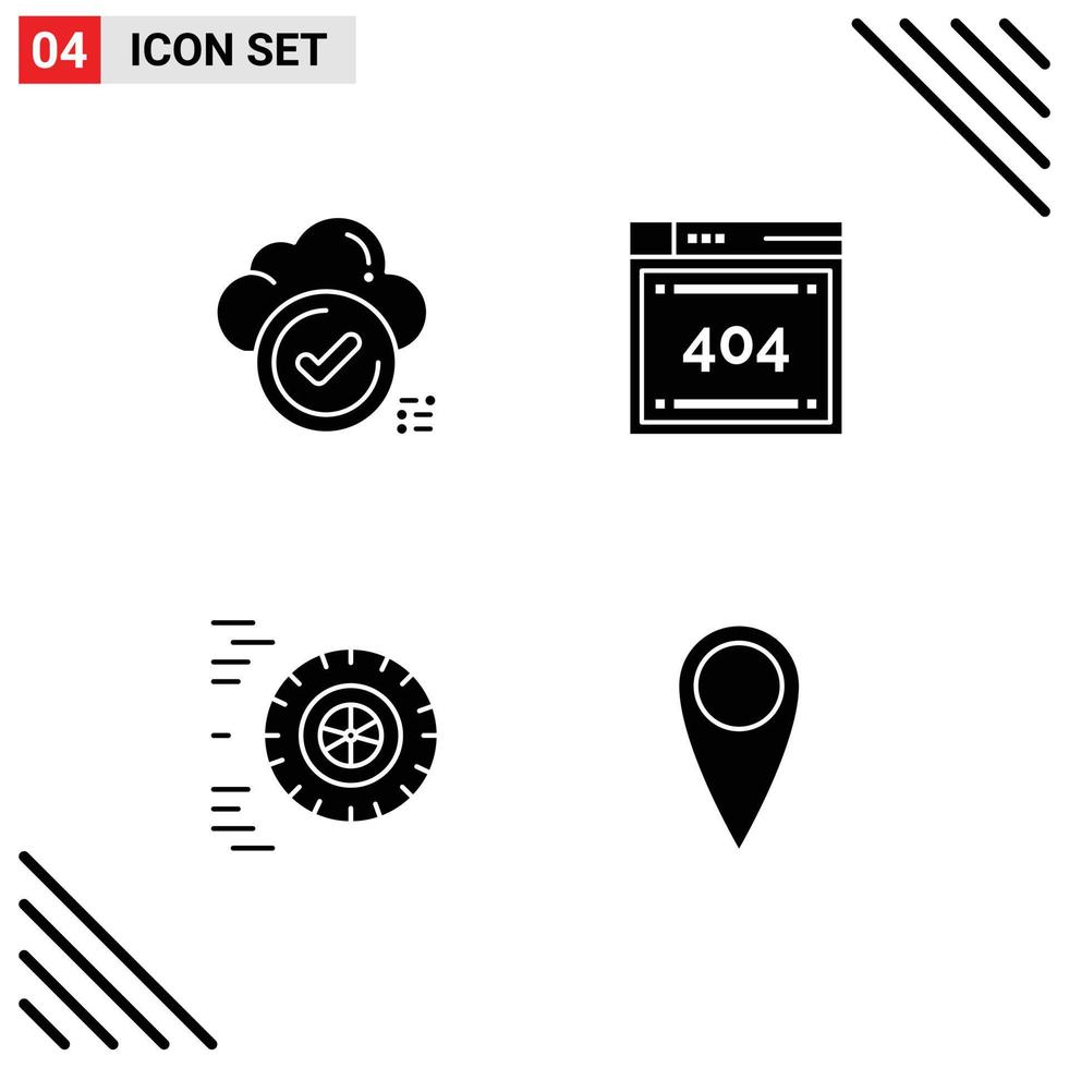 Set of 4 Commercial Solid Glyphs pack for ok motion cloud computing wheel Editable Vector Design Elements