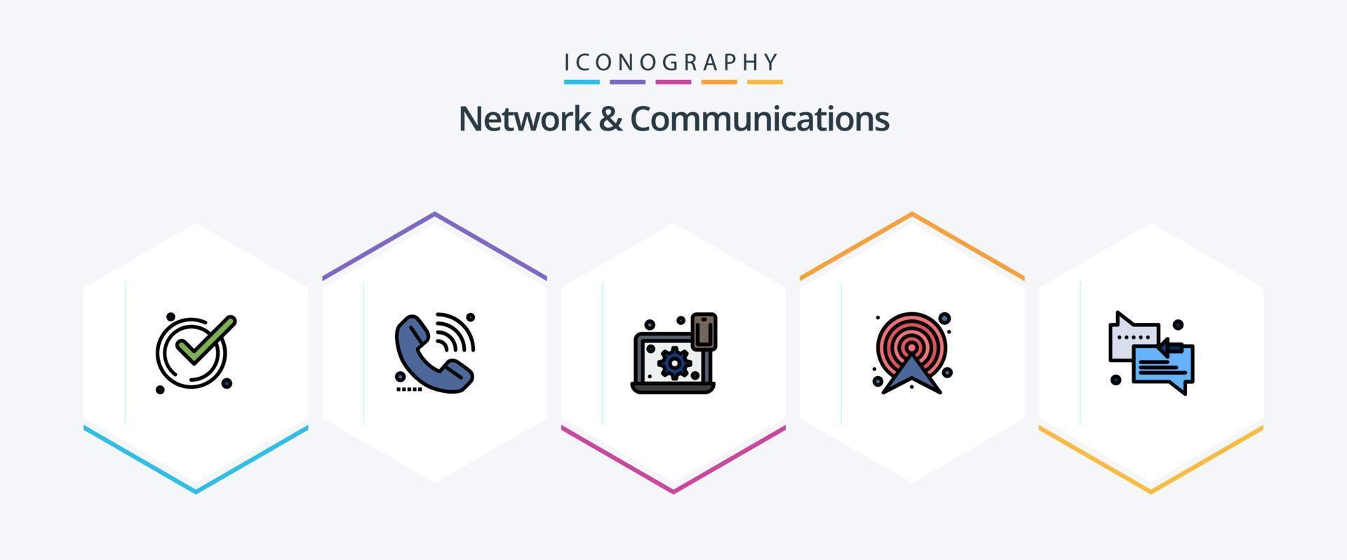 Network And Communications 25 FilledLine icon pack including map. target. online. arrow. setting vector
