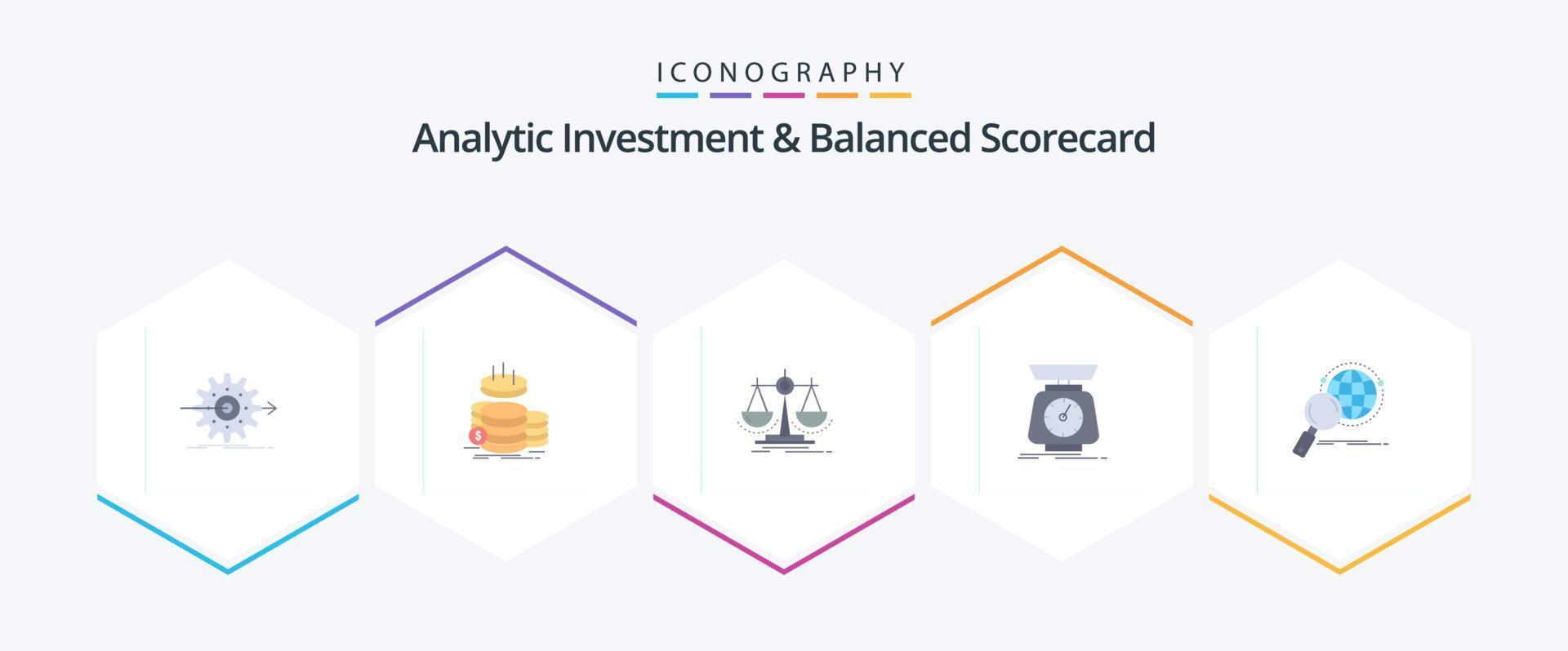 Analytic Investment And Balanced Scorecard 25 Flat icon pack including mass. scale. gold. law. decision vector