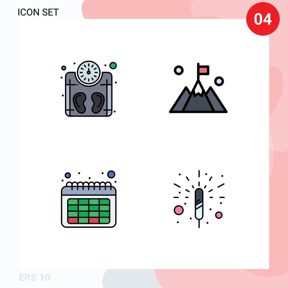 Editable Vector Line Pack of 4 Simple Filledline Flat Colors of machine date weight mountain firecracker Editable Vector Design Elements