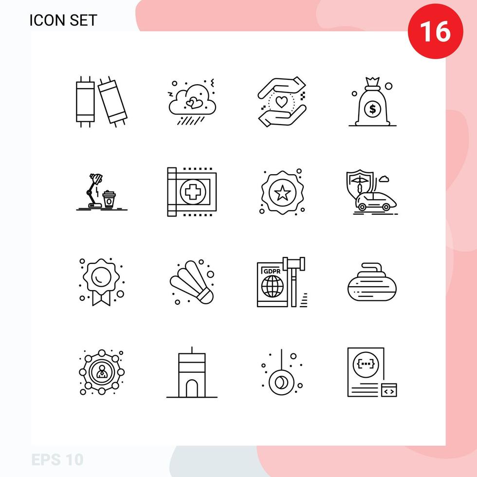 16 User Interface Outline Pack of modern Signs and Symbols of flash coffee safe design bag Editable Vector Design Elements