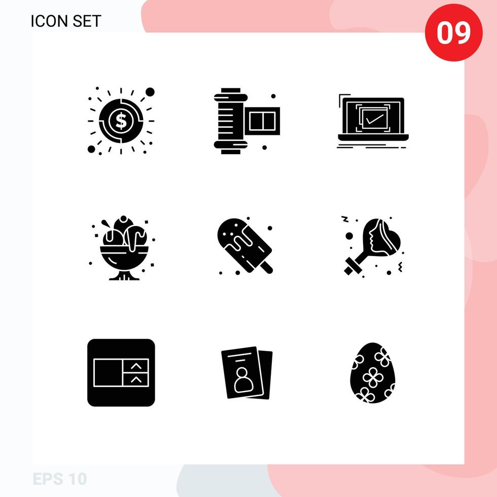 Modern Set of 9 Solid Glyphs and symbols such as candy party monitoring ice cream birthday Editable Vector Design Elements