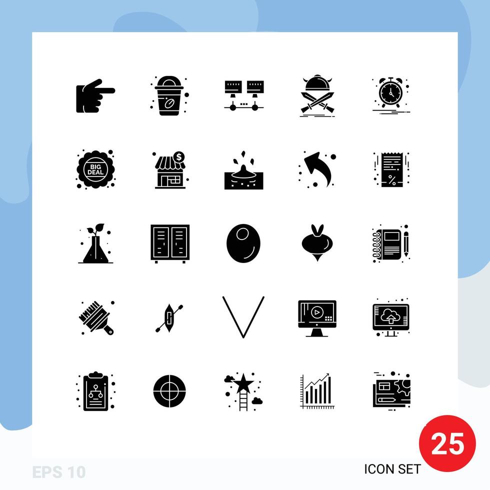 Mobile Interface Solid Glyph Set of 25 Pictograms of big deal clock server alarm warrior Editable Vector Design Elements