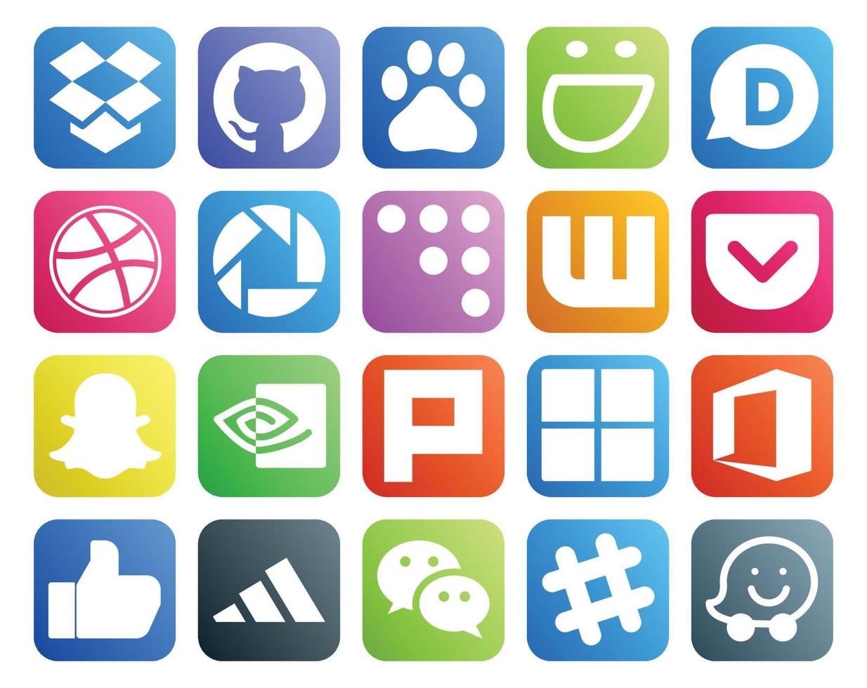 20 social medios de comunicación icono paquete incluso wechat me gusta Wattpad oficina plurk vector