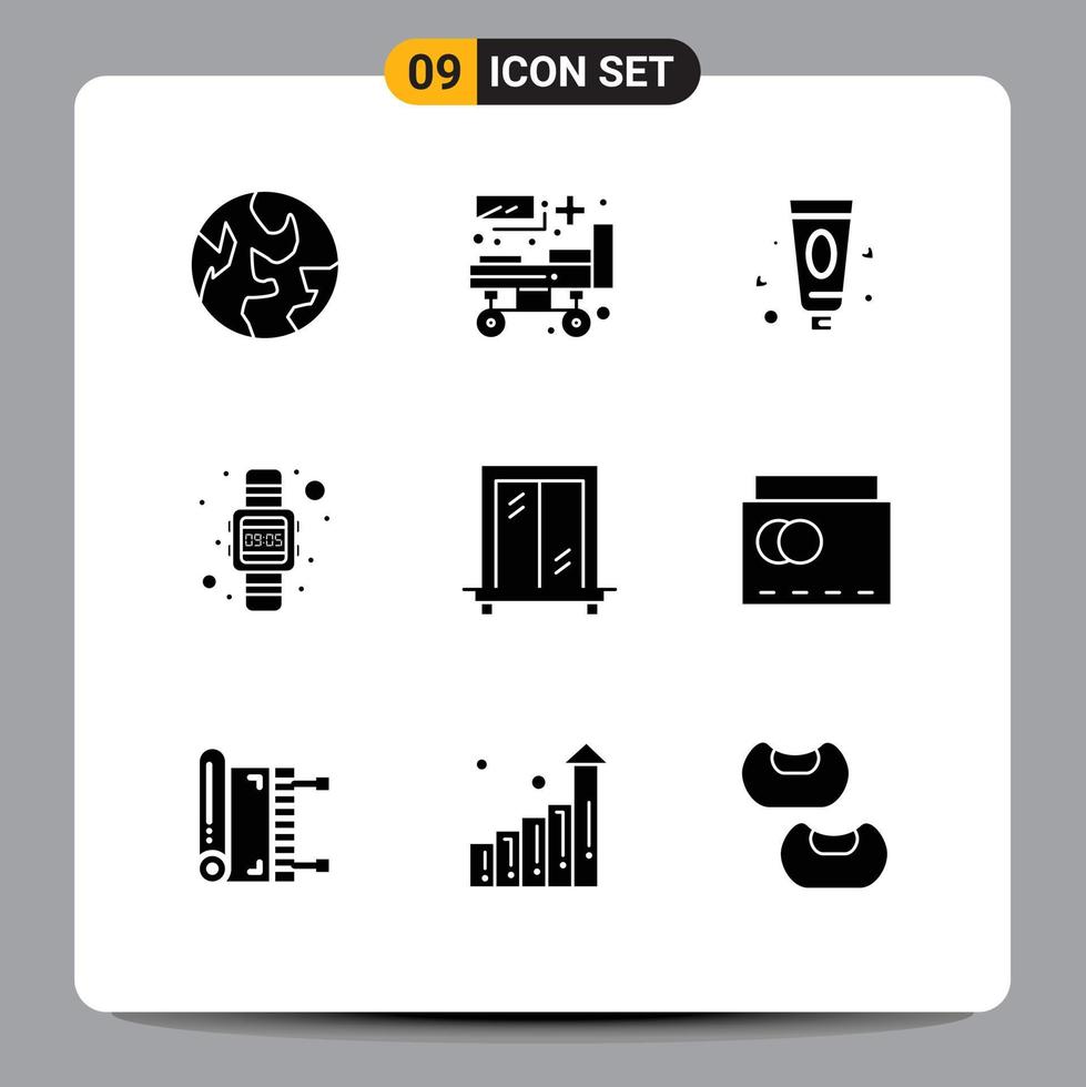 Modern Set of 9 Solid Glyphs and symbols such as bag window lotion interior watch Editable Vector Design Elements