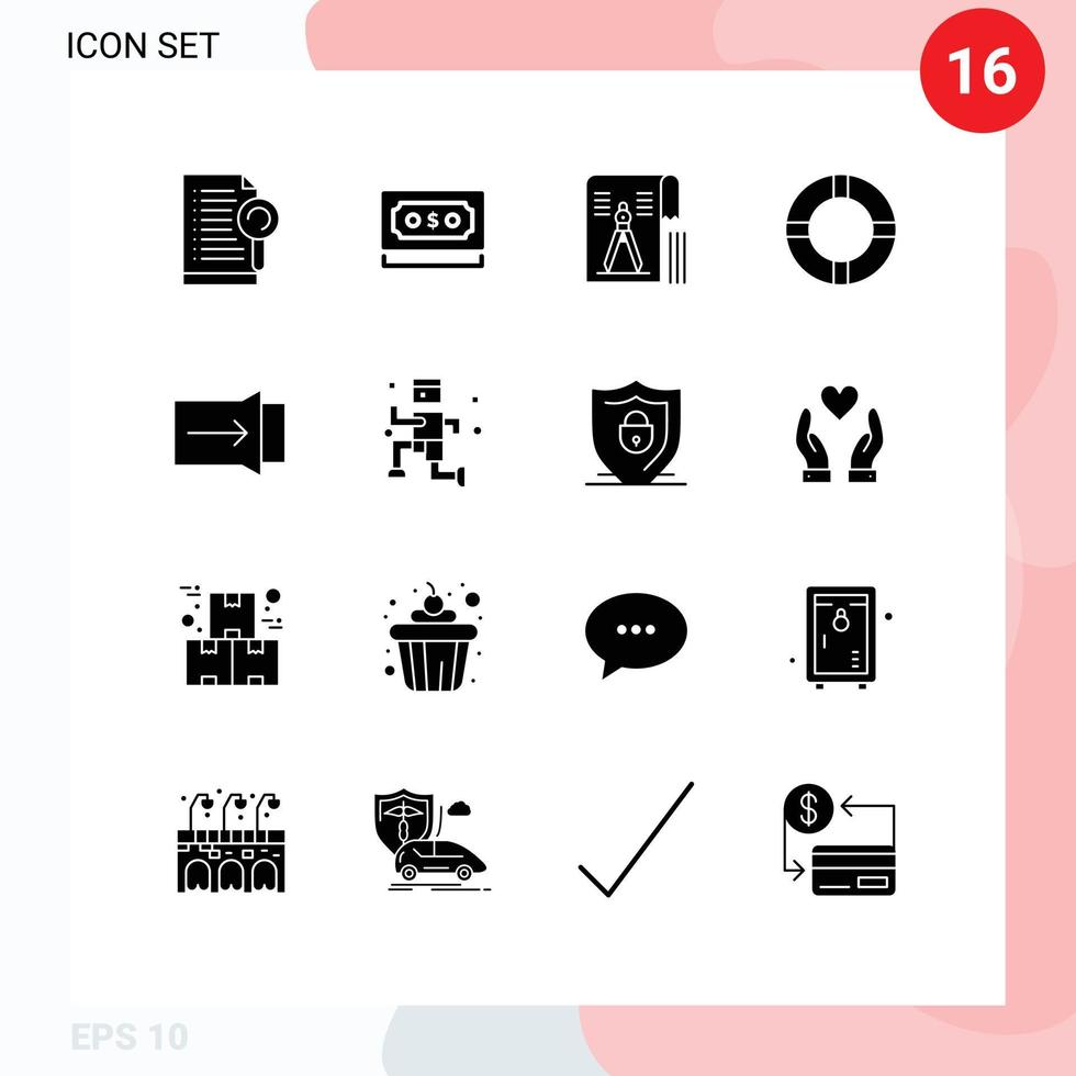 Set of 16 Commercial Solid Glyphs pack for gesture life note insurance geometry Editable Vector Design Elements