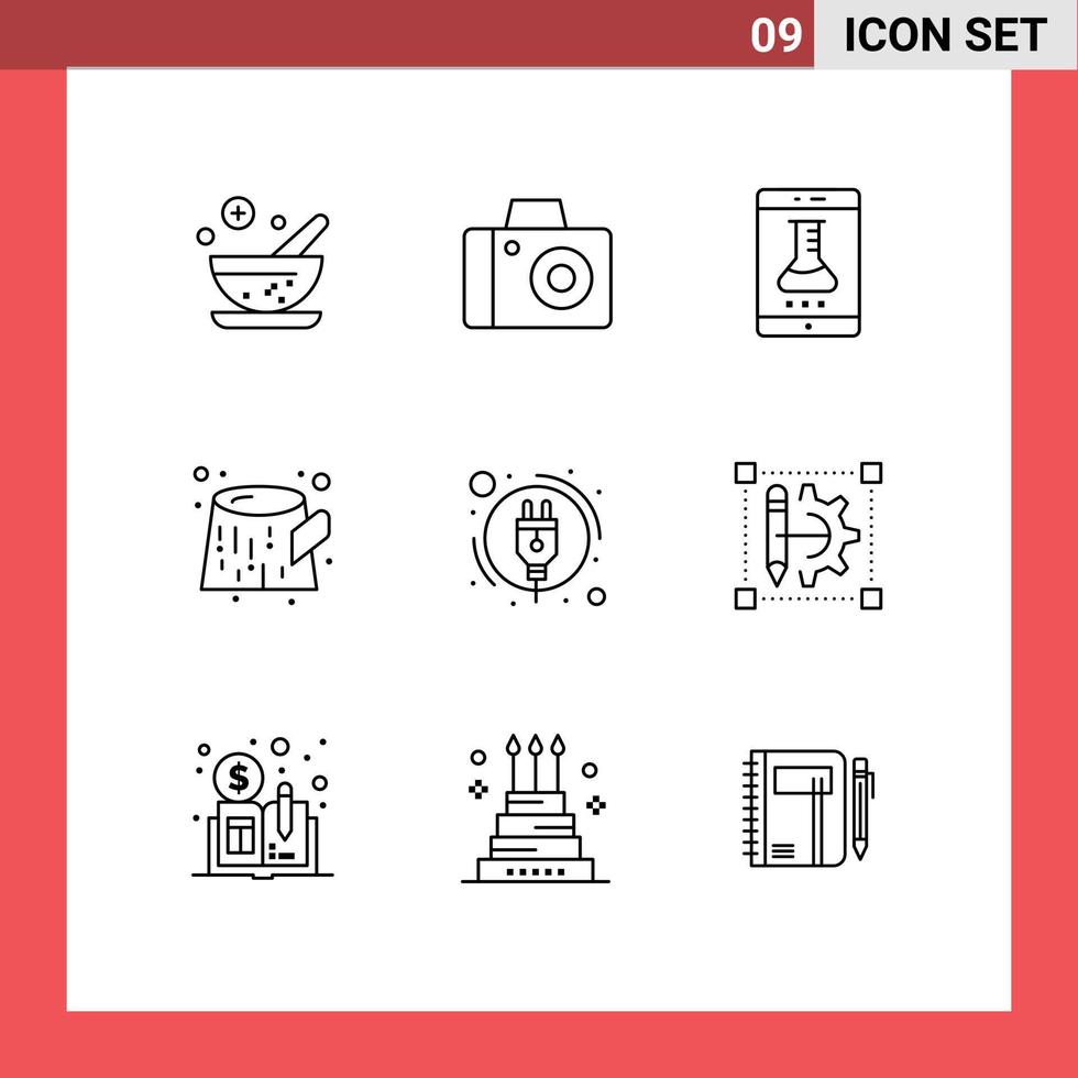 Stock Vector Icon Pack of 9 Line Signs and Symbols for pencil plug online laboratory energy consumption trunk Editable Vector Design Elements