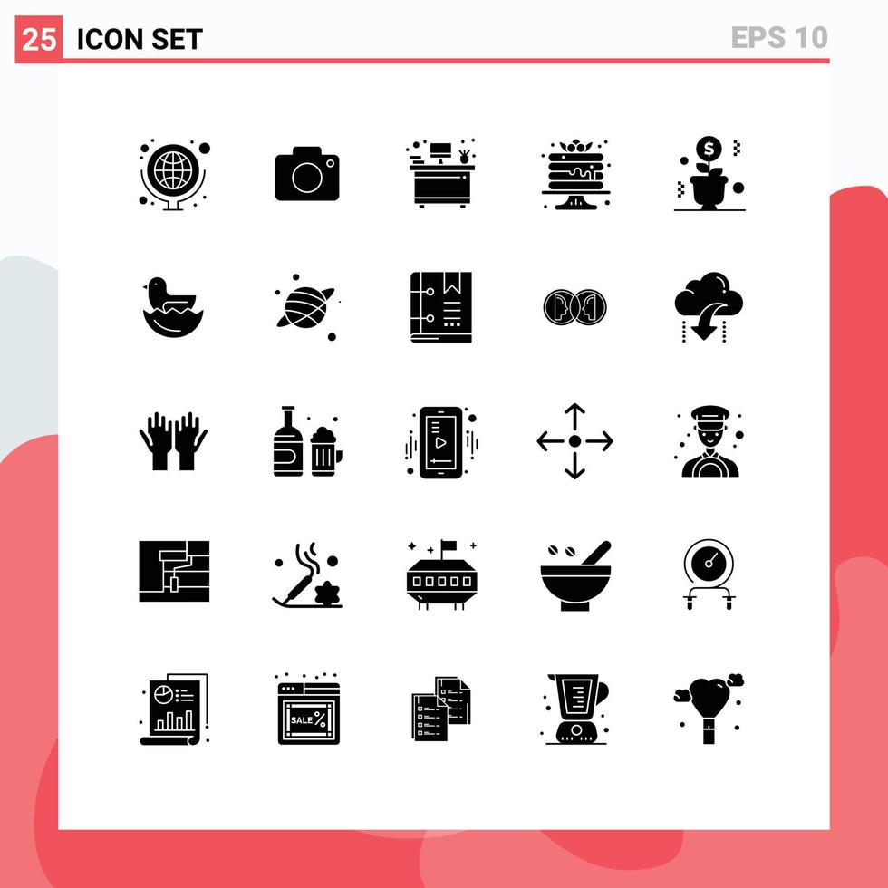 Group of 25 Modern Solid Glyphs Set for plant growing desk sweets mardi gras Editable Vector Design Elements