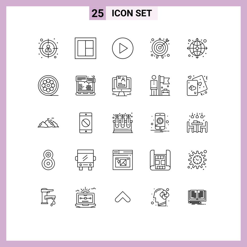 25 User Interface Line Pack of modern Signs and Symbols of web globe multimedia arrow target Editable Vector Design Elements