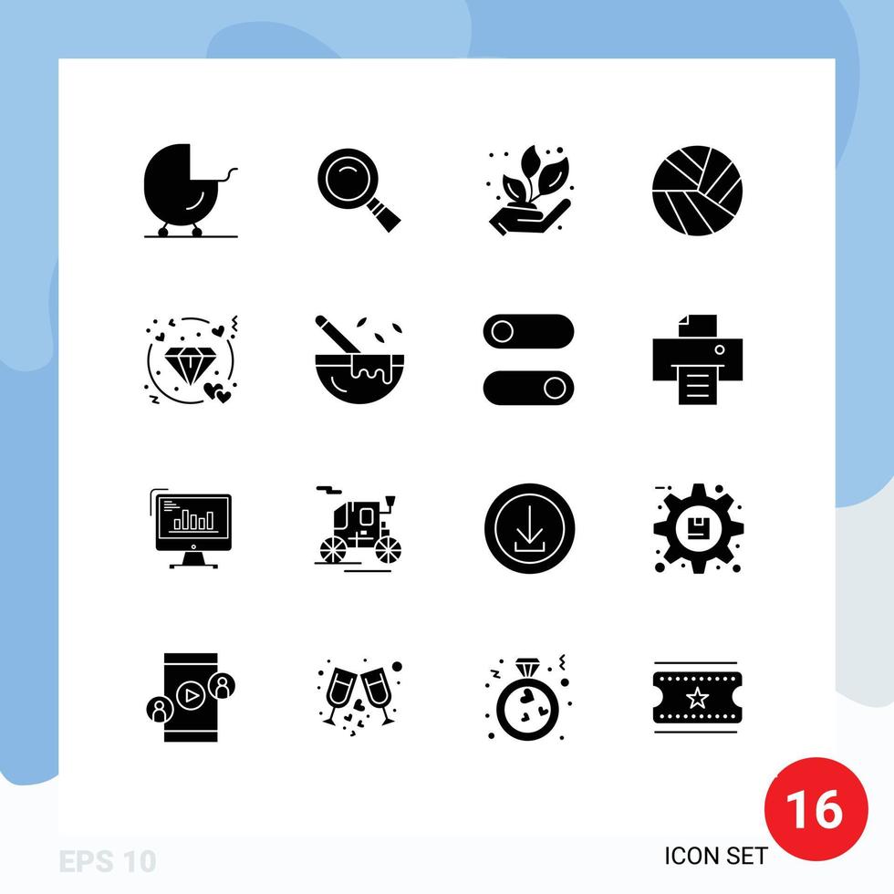 Mobile Interface Solid Glyph Set of 16 Pictograms of love diamond agriculture volley ball Editable Vector Design Elements
