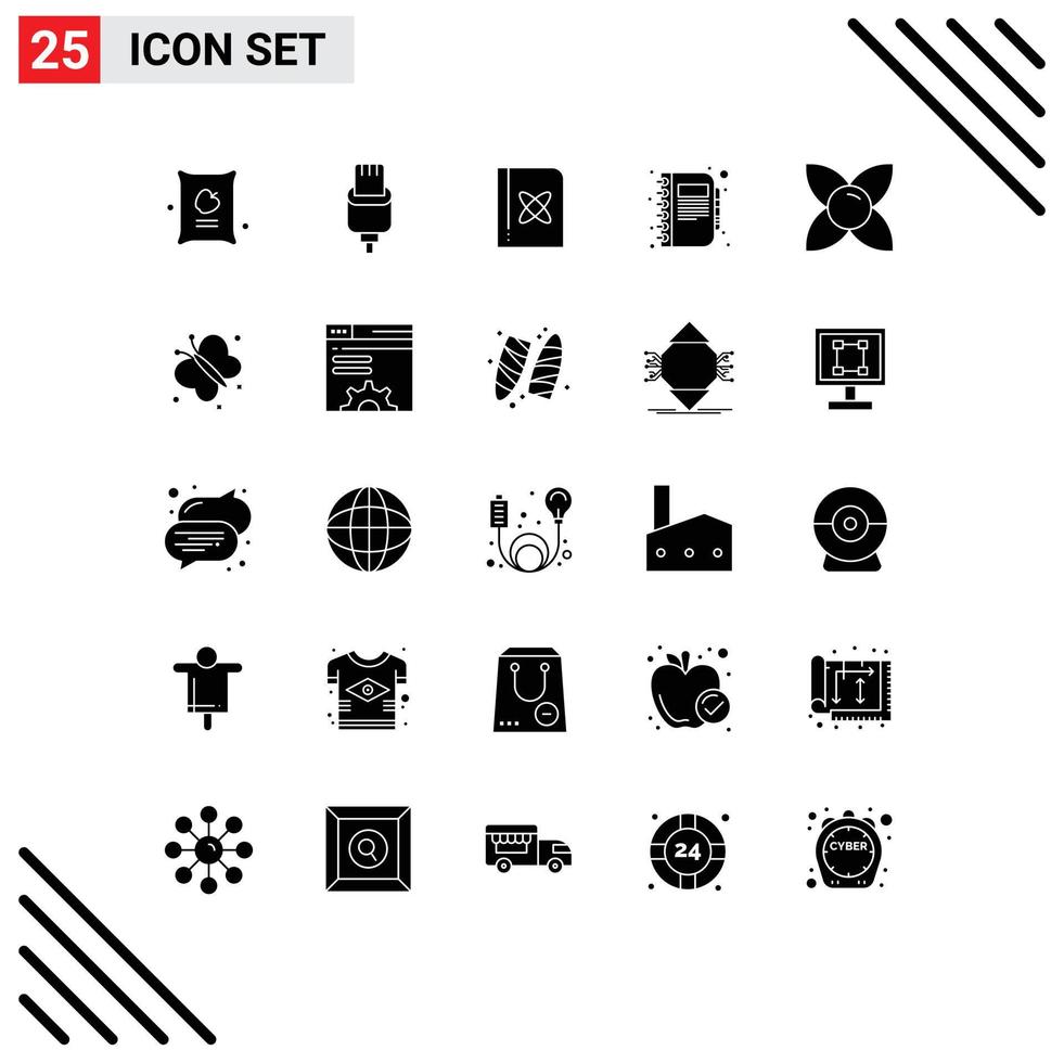 Universal Icon Symbols Group of 25 Modern Solid Glyphs of bloom diary book copy book Editable Vector Design Elements