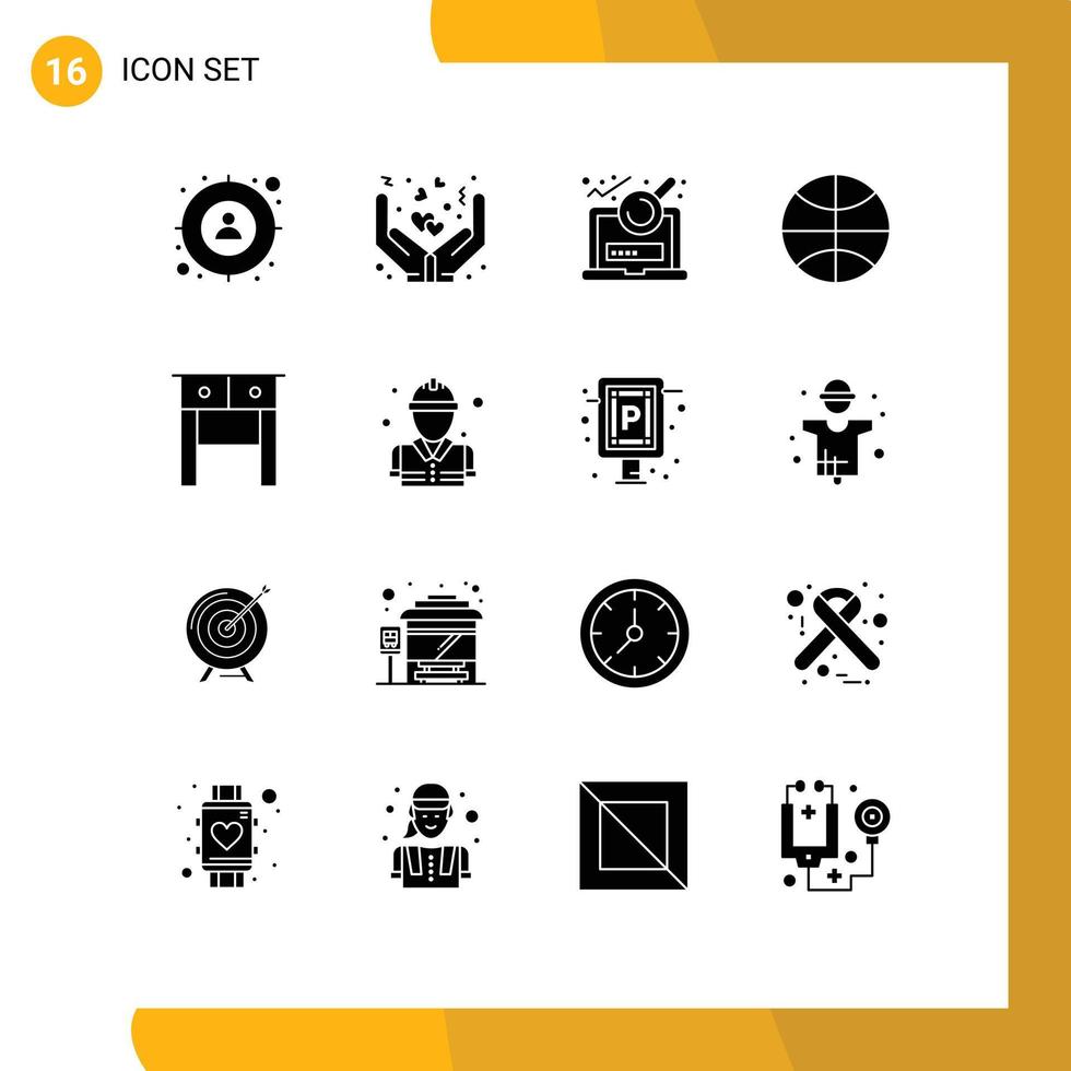 sólido glifo paquete de dieciséis universal símbolos de cajón fiesta análisis festival baloncesto editable vector diseño elementos