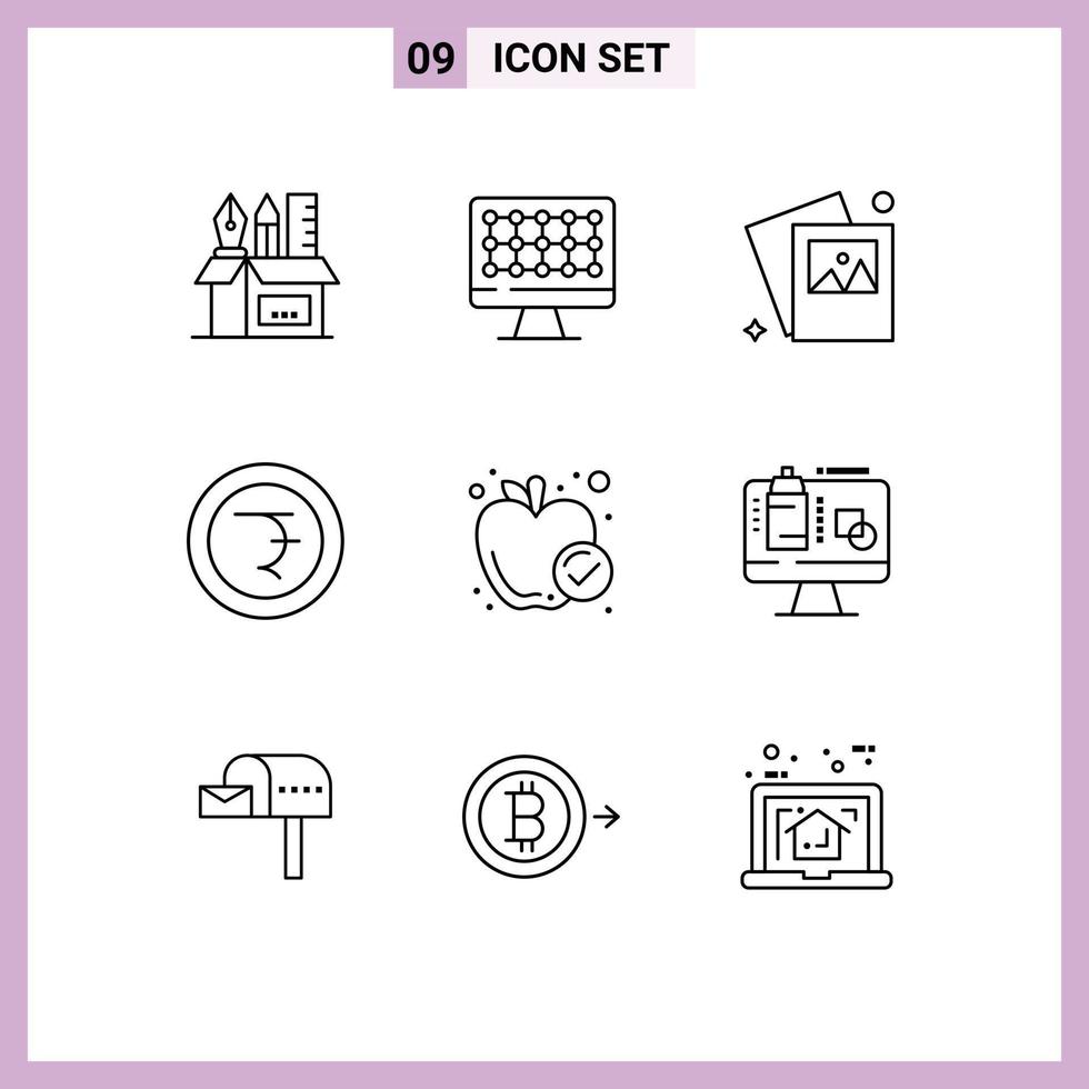 Editable Vector Line Pack of 9 Simple Outlines of healthy food food gallery apple finance Editable Vector Design Elements