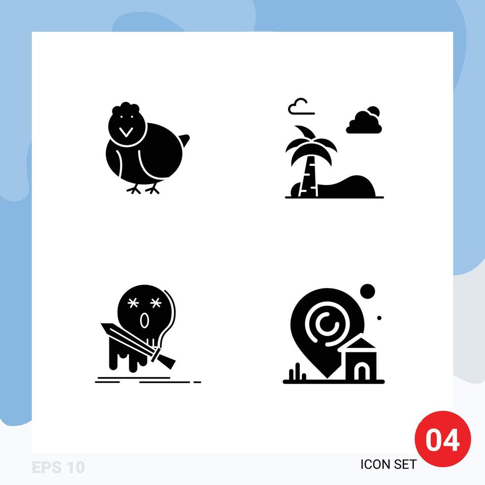 Set of 4 Commercial Solid Glyphs pack for chicken frag happy tree kill Editable Vector Design Elements