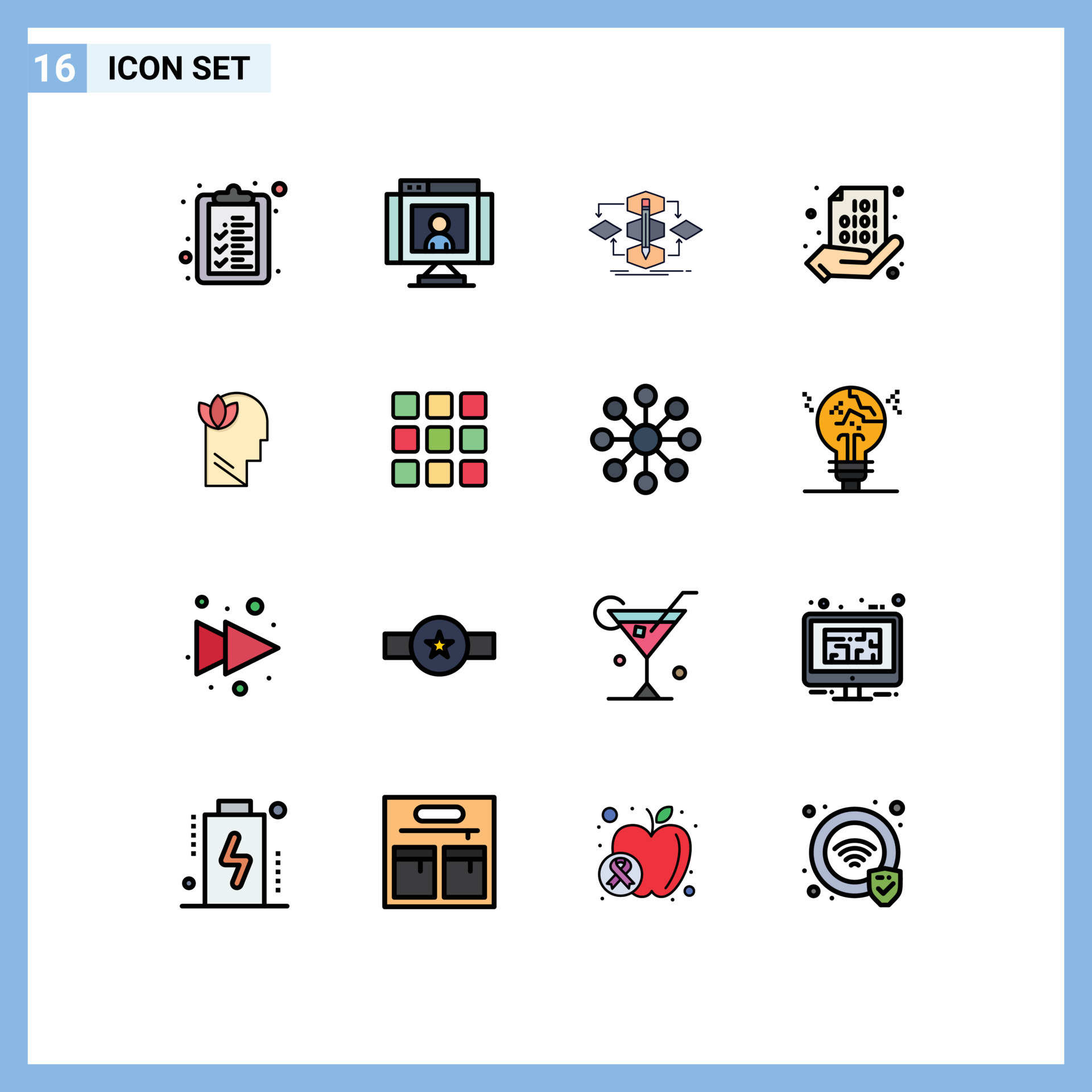 Flat Color Filled Line Pack of 16 Universal Symbols of coding share ...