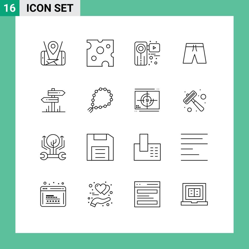 Editable Vector Line Pack of 16 Simple Outlines of direction clothing camera beach film Editable Vector Design Elements
